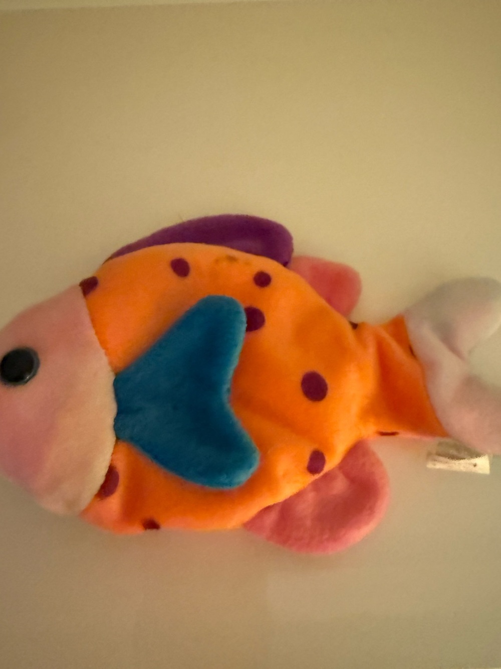 Plush Orange Polka Dot Fish Toy with Blue Fin